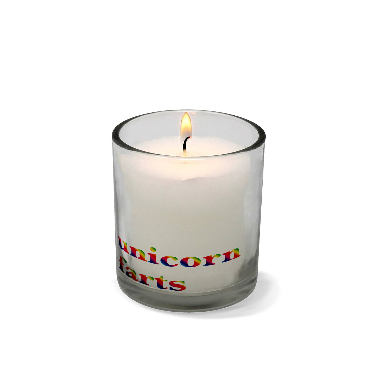 Candle in a glass holder with 'unicorn farts' text on a white background