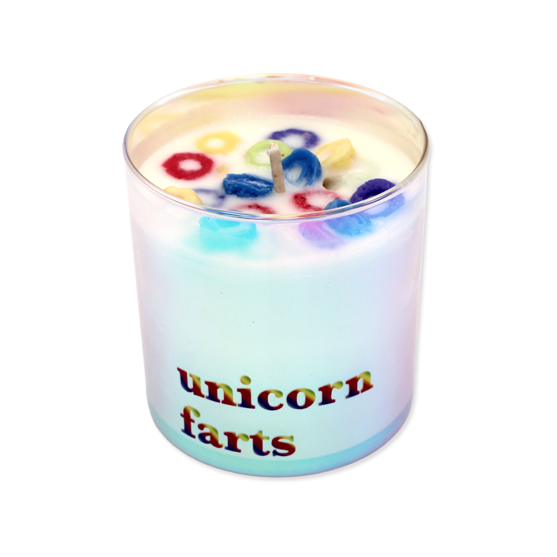Rainbow iridescent candle with 'unicorn farts' text on a white background