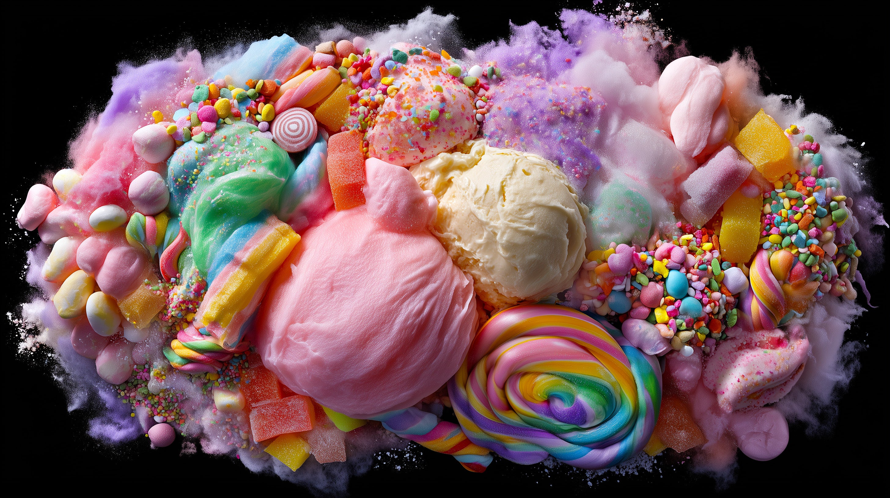 Colorful assortment of candy and ice cream on a black background