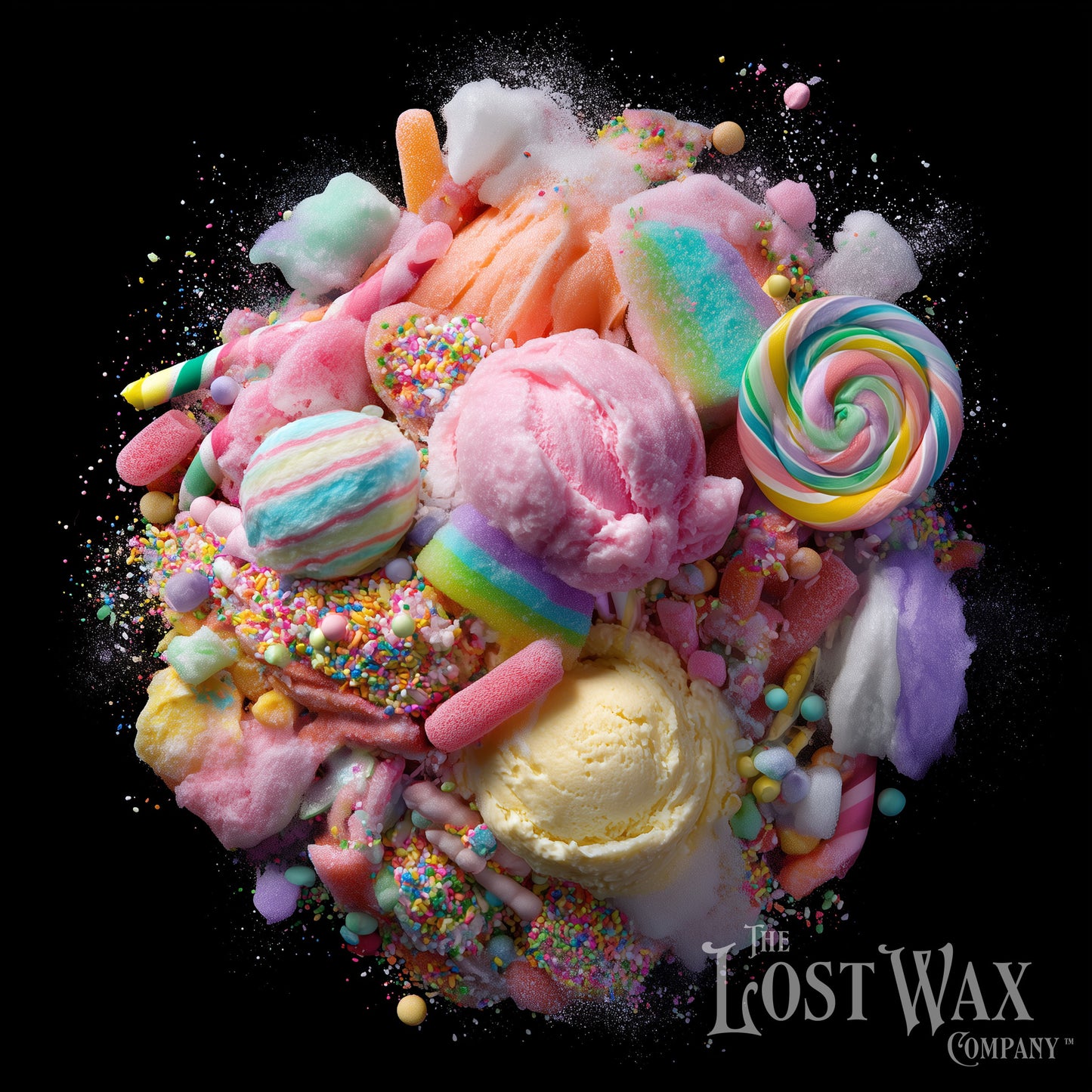 Colorful candy and ice cream arrangement with 'The Lost Wax Company' logo.