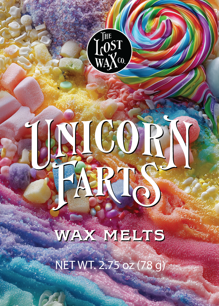 Colorful wax melts packaging with 'The Lost Wax Co.' branding and a rainbow lollipop.