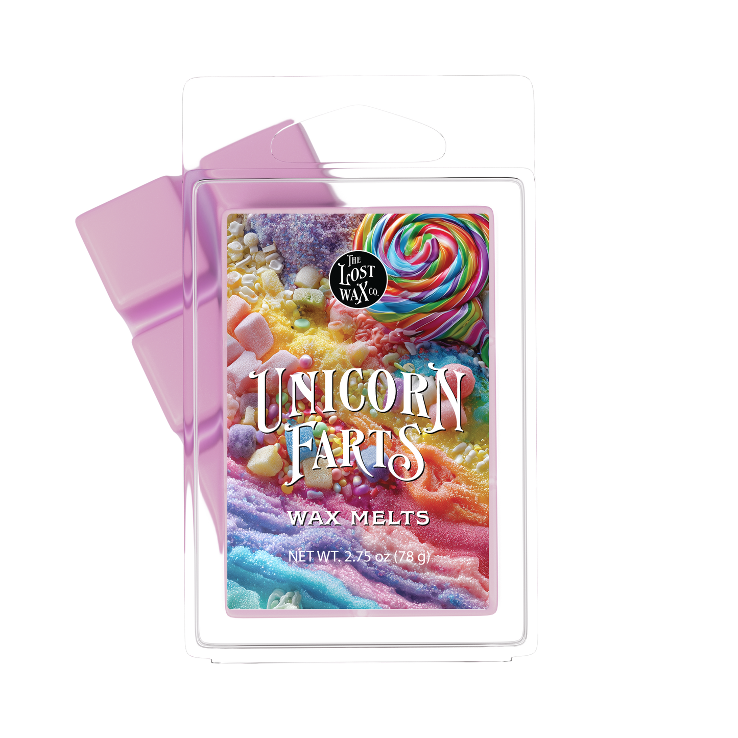 Wax melts packaging with colorful design and 'Unicorn Farts' text on a white background