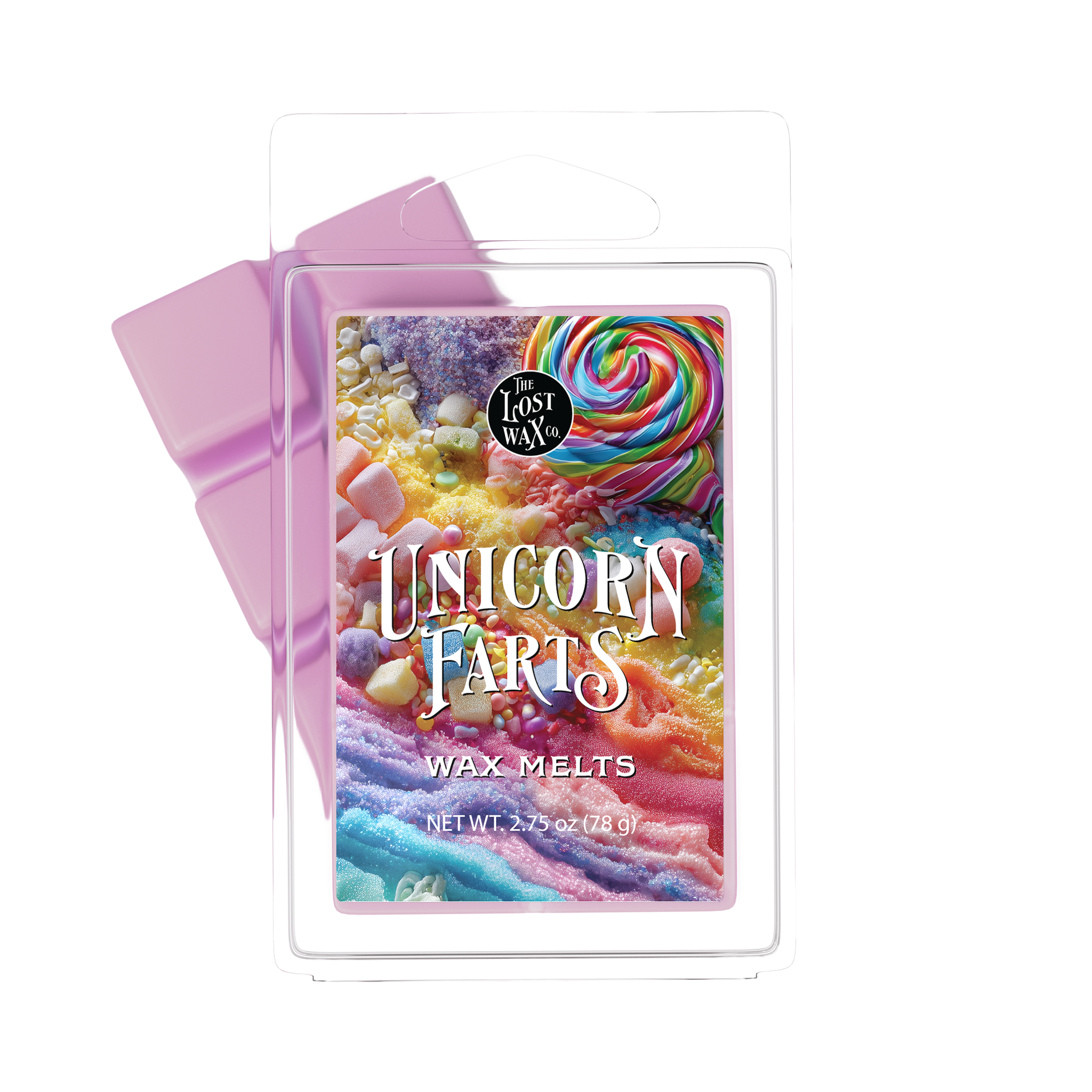 Wax melts packaging with colorful design and 'Unicorn Farts' text on a white background