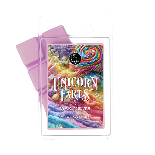 Wax melts packaging with colorful design and 'Unicorn Farts' text on a white background