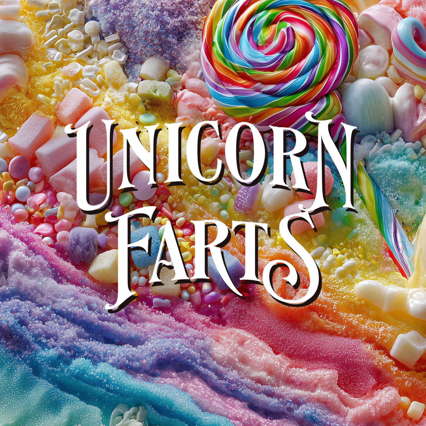 Colorful candy and lollipop arrangement with 'Unicorn Farts' text overlay.