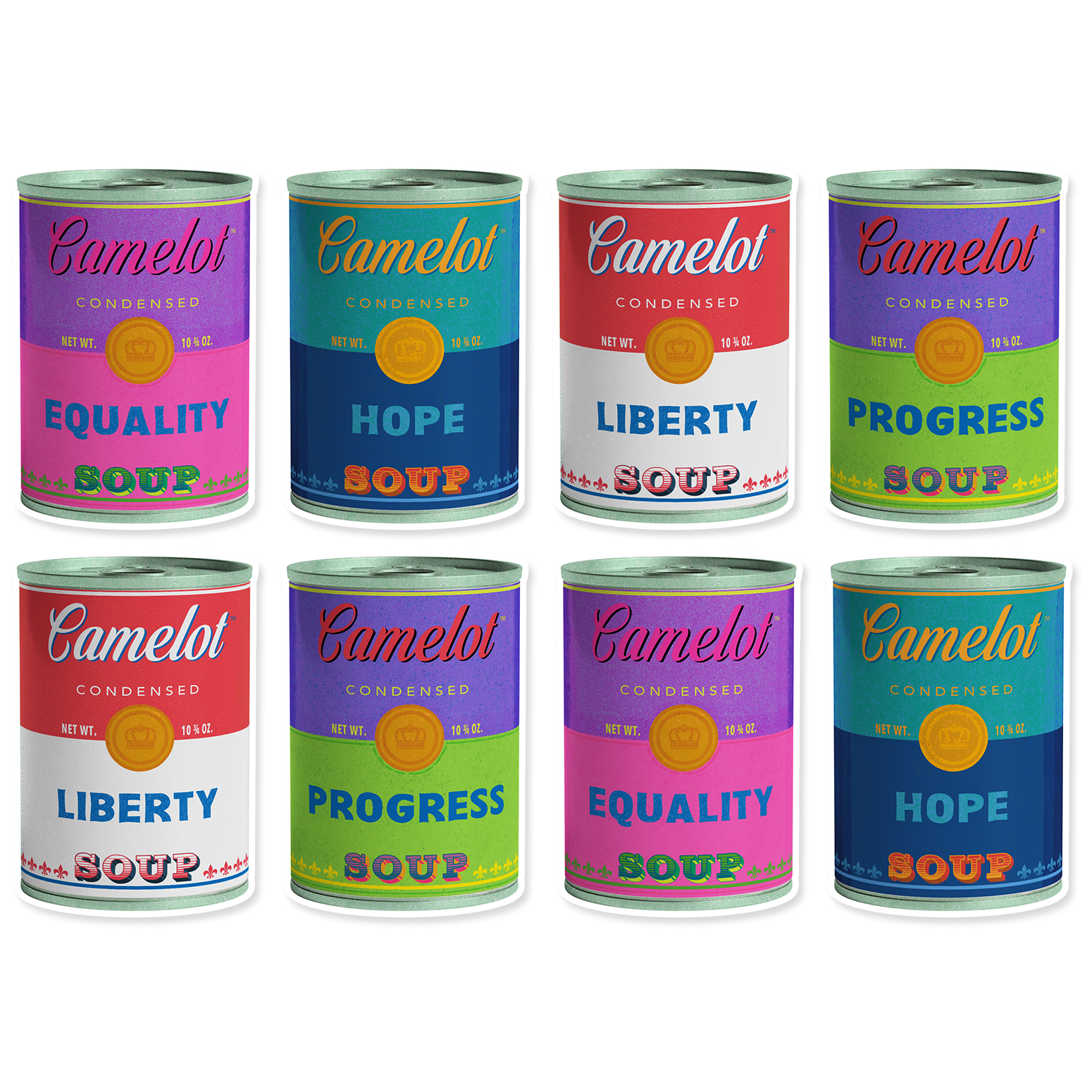 Camelot Brand Soups Kiss-Cut Vinyl Stickers, Set of 8 (2 x 3 inches) by Studio Ten Design