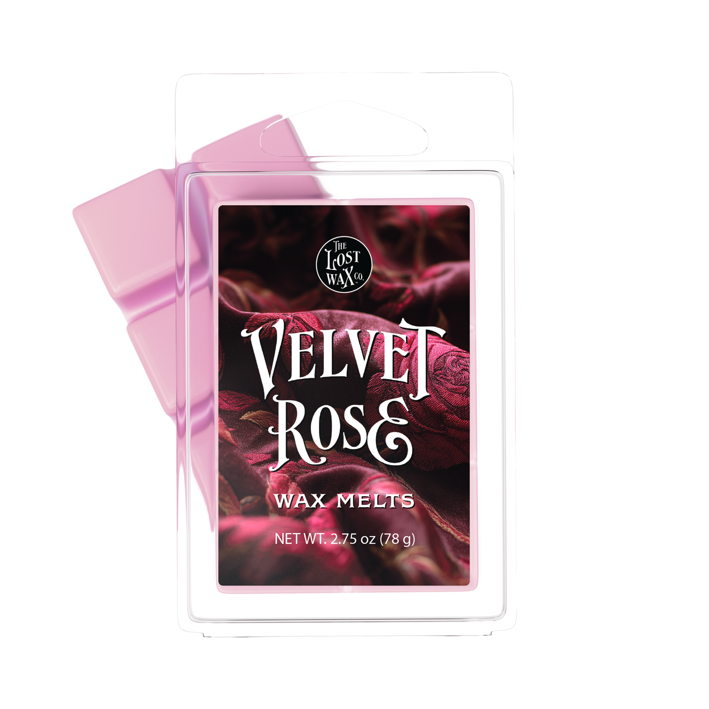 Velvet Rose wax melts packaging with pink ribbon on a white background