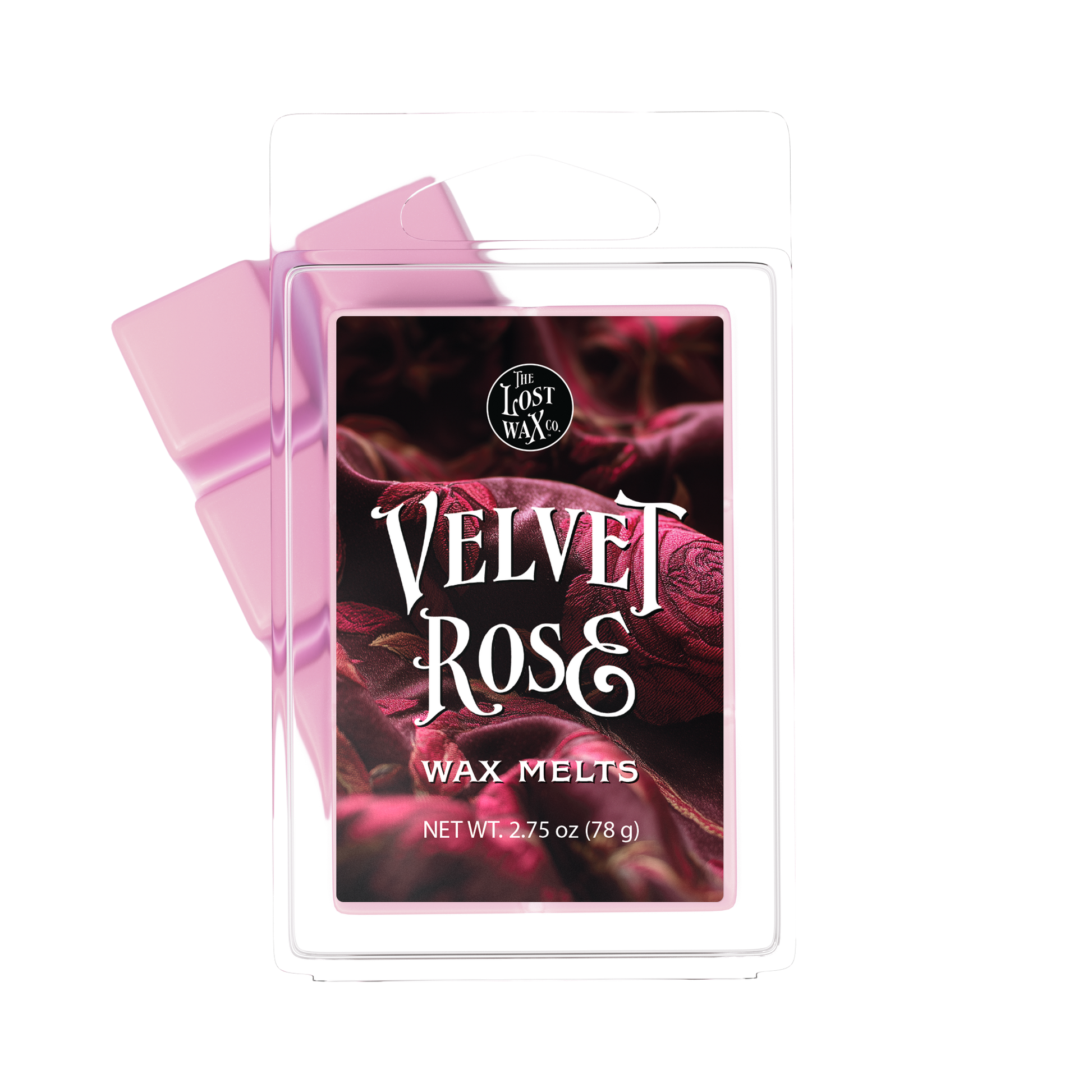 Velvet Rose wax melts packaging with pink ribbon on a white background