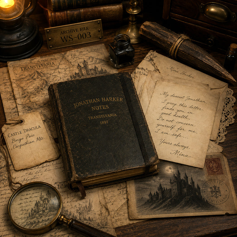 Wooden desk scattered with Jonathan Harker's notebook, letters and cards, a wooden stake and map of Transylvania.