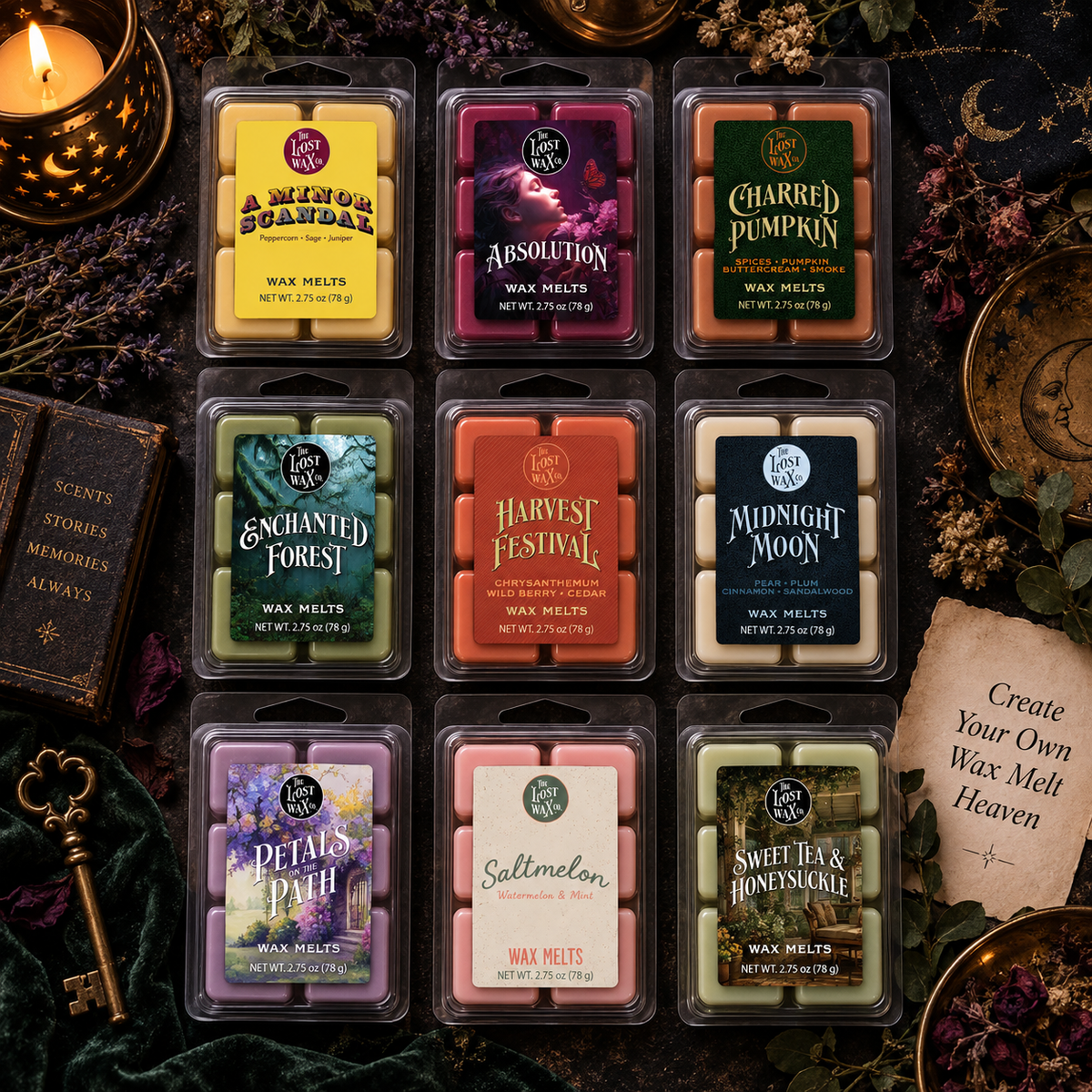 A selection of 9 packages of Lost Wax Co. wax melts, arranged in a grid with herbs and props.