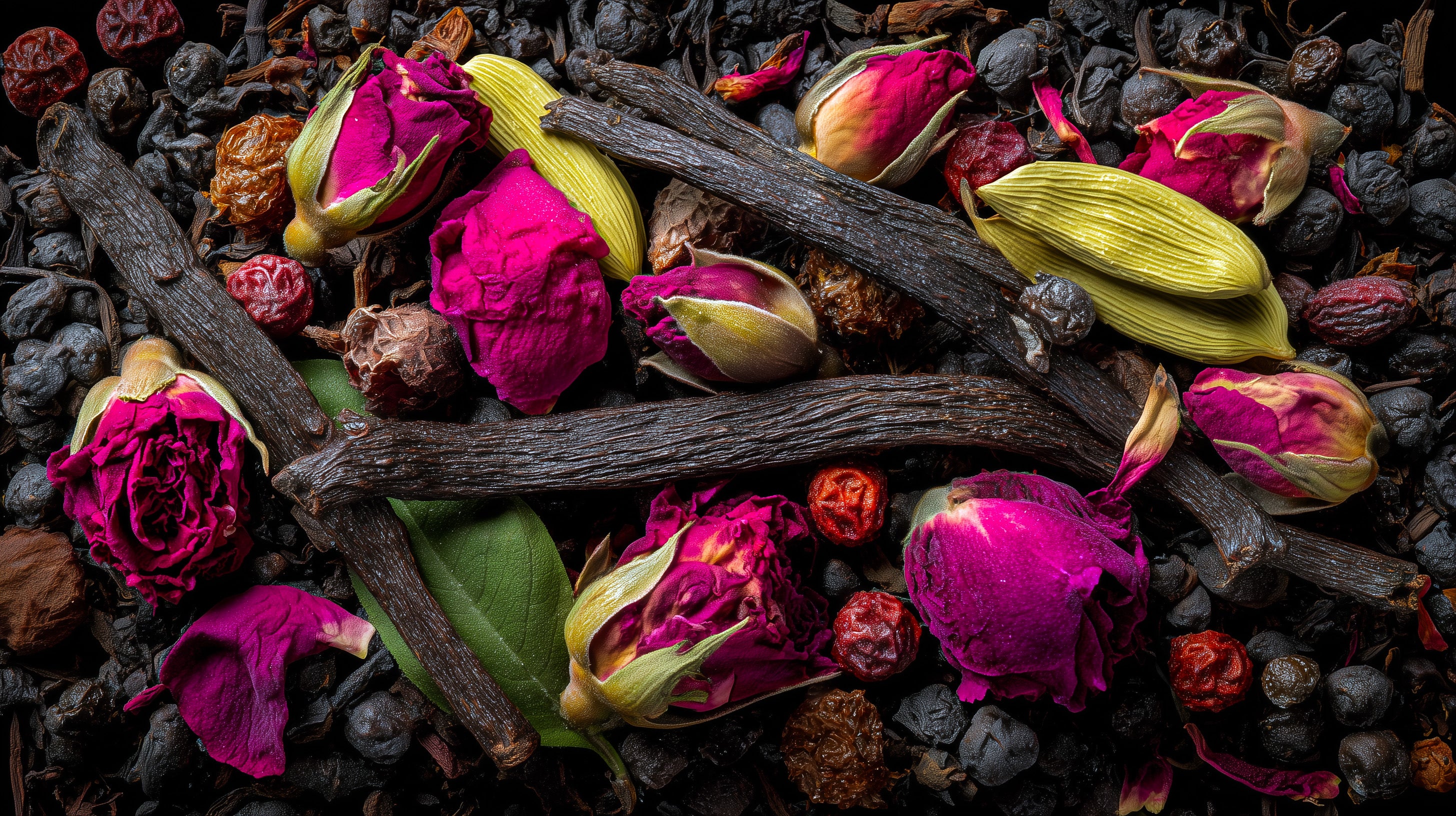 Colorful dried flowers and herbs on a dark surface