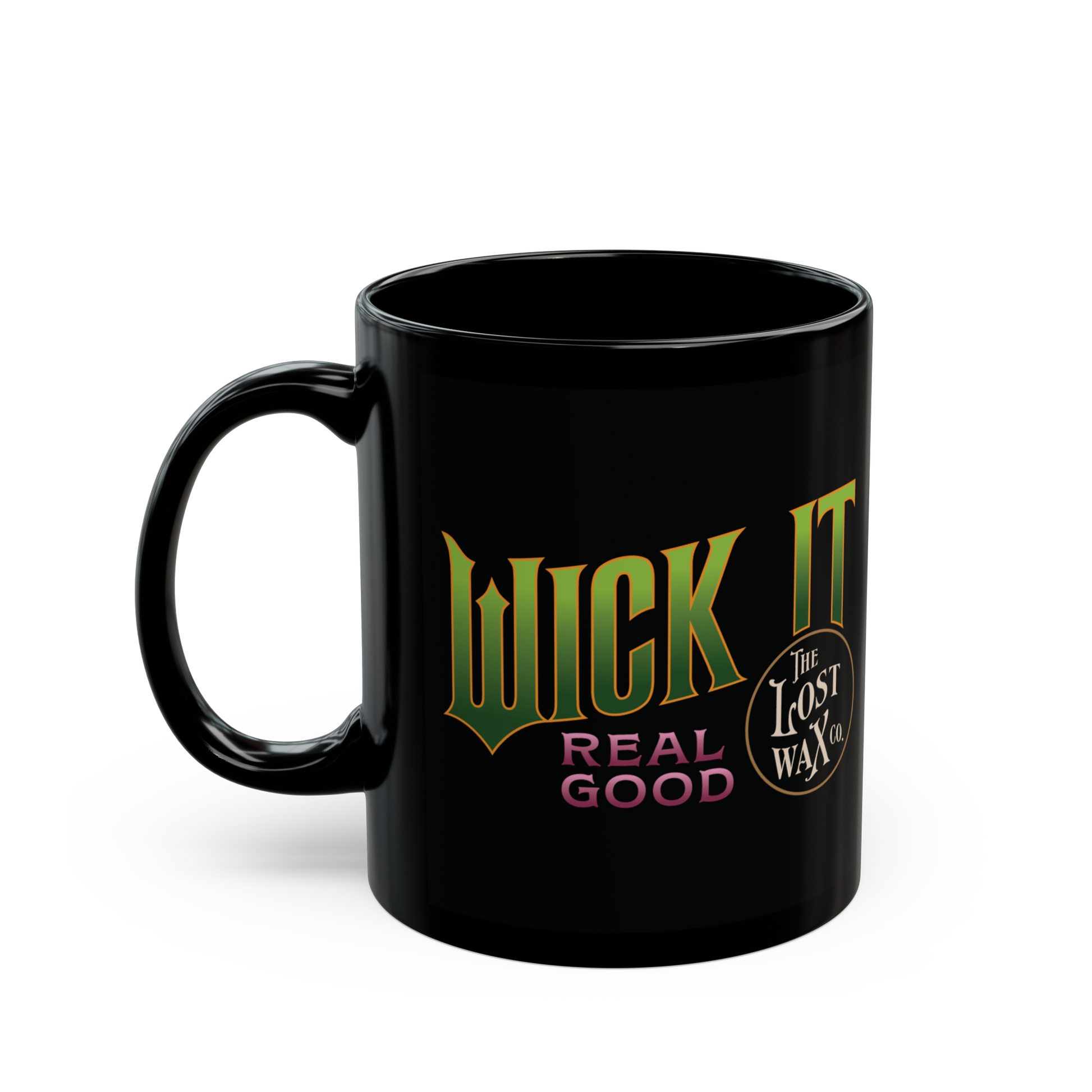 Black mug with 'Wick It Real Good' text and logo on a white background