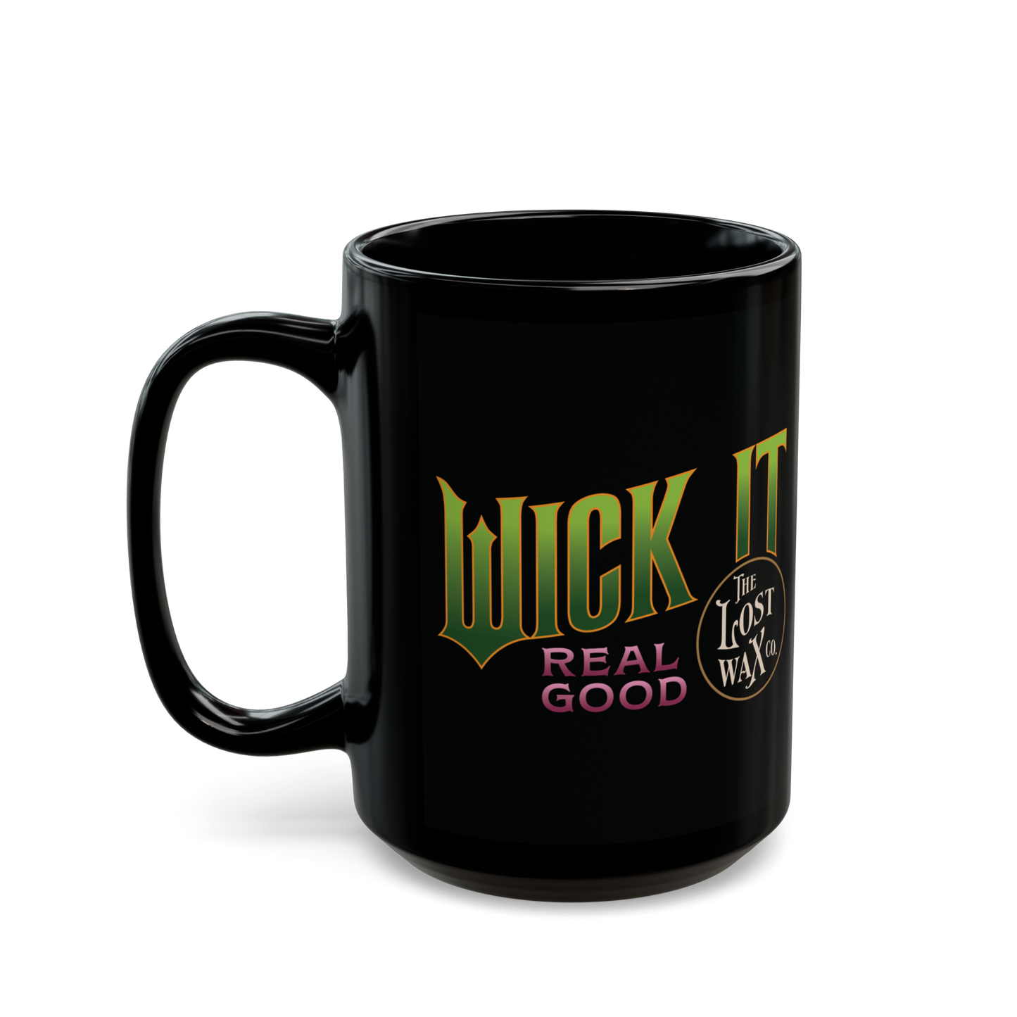 Black mug with colorful text on a white background