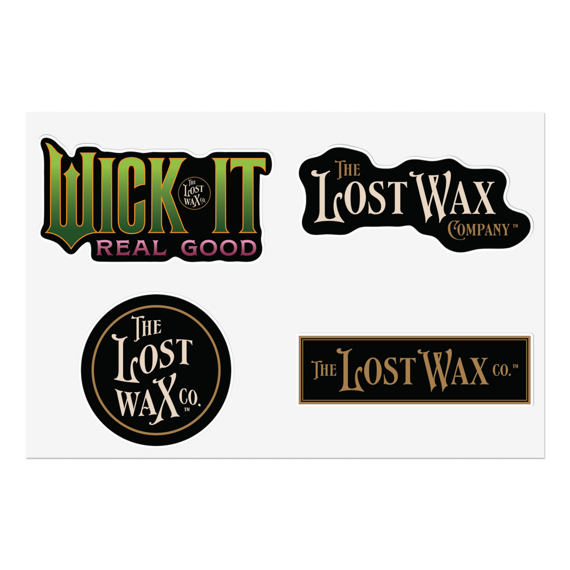 Set of logos for 'Wick It Real Good' and 'The Lost Wax Company' on a white background
