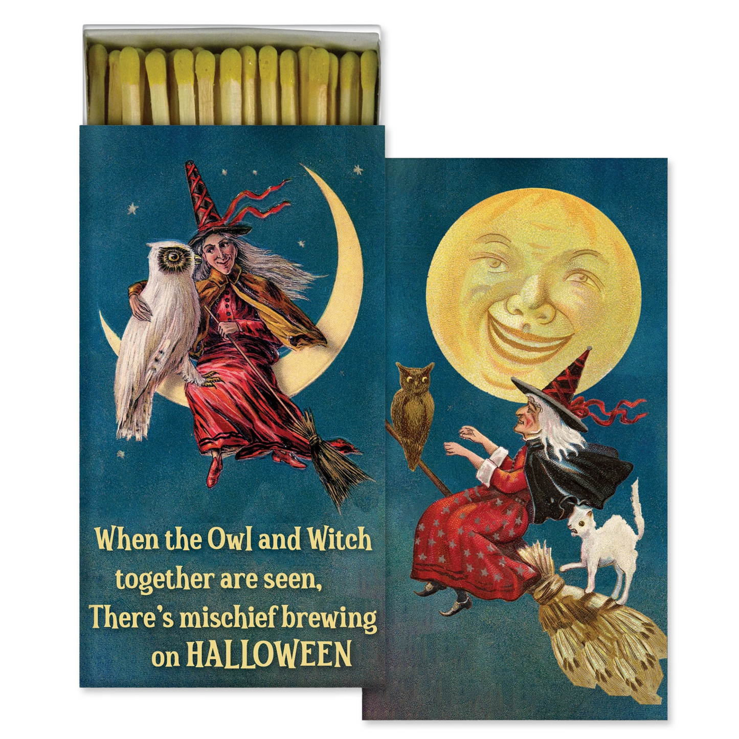 A decorative matchbox set with illustrated Halloween artwork: a witch in a red dress flying on a broomstick with an owl, a smiling moon, and a small white cat, with the text 'When the Owl and Witch together are seen, There's mischief brewing on HALLOWEEN.' The matches are visible at the top and the box is shown against a plain white background.