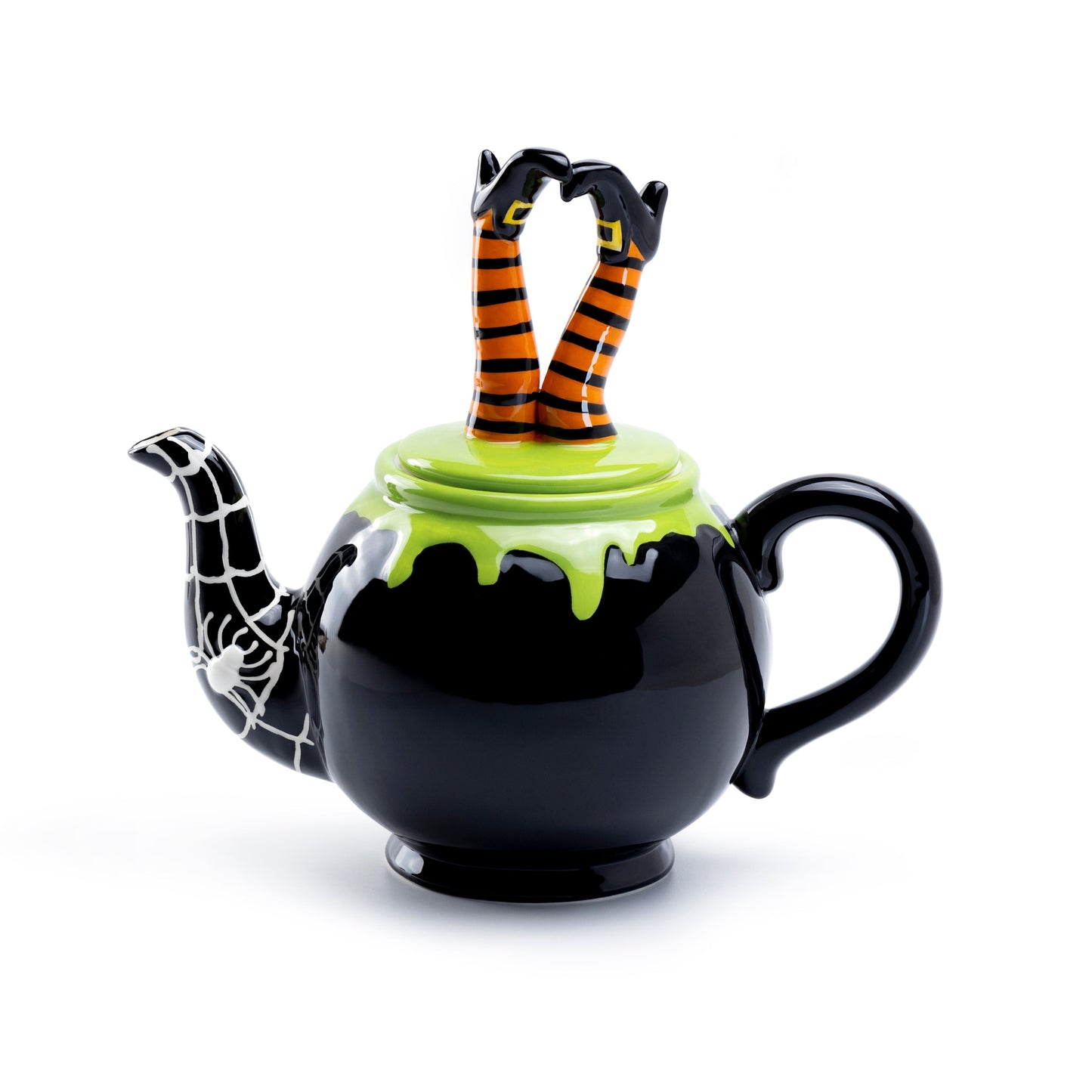 Black teapot with green lid and orange striped legs on a white background