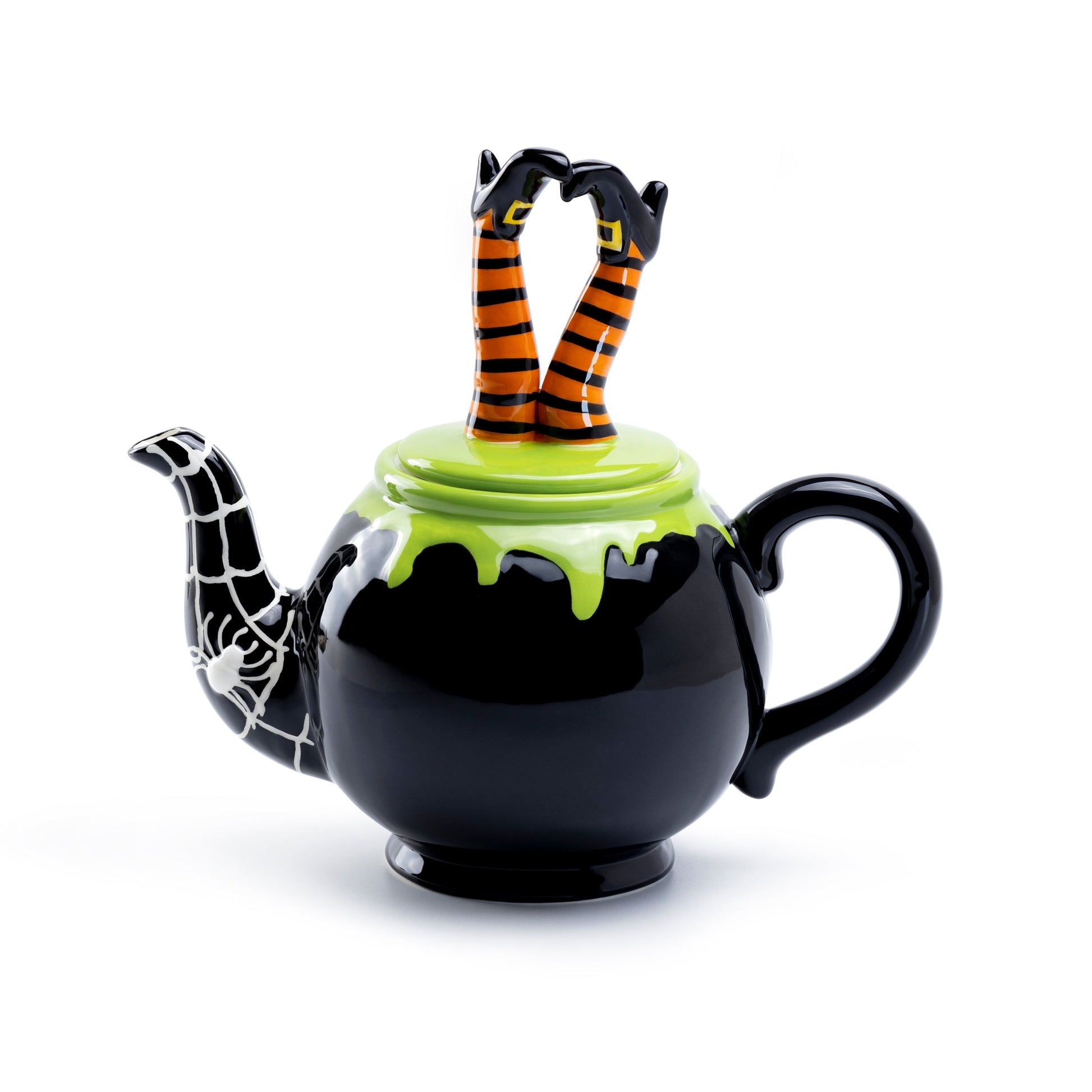 Black teapot with green lid and orange striped legs on a white background