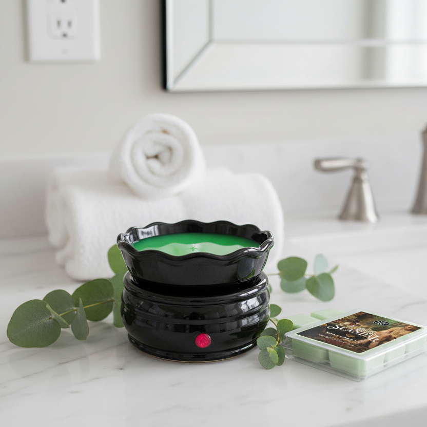 Black wax warmer with melted wax on bathroom vanity