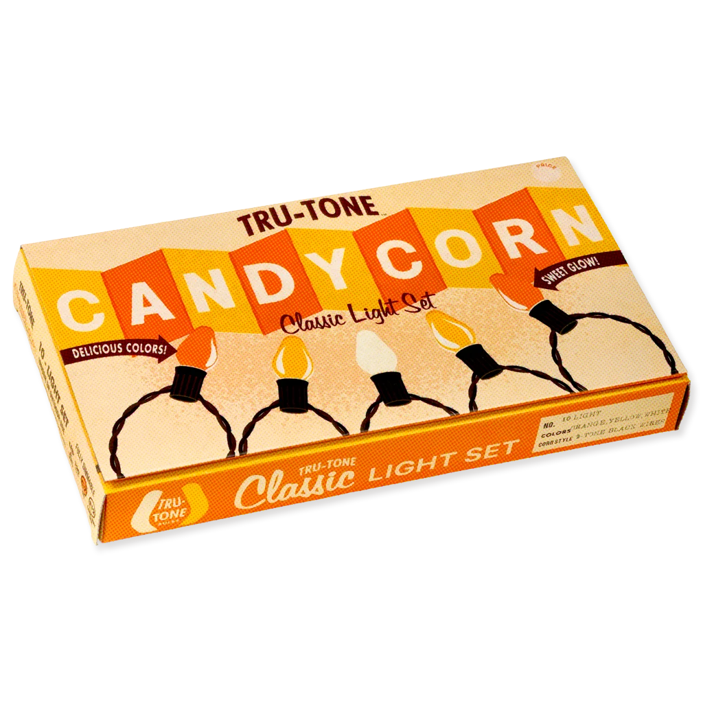 A box of Tru-Tone Candy Corn Classic Light Set, featuring a retro beige and orange design with illustrations of glowing light bulbs.