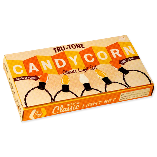 A box of Tru-Tone Candy Corn Classic Light Set, featuring a retro beige and orange design with illustrations of glowing light bulbs.