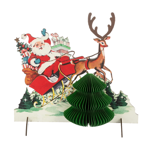 Vintage-style Santa & Reindeer Cutout with Tree
