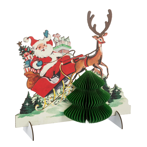 Vintage-style Santa & Reindeer Cutout with Tree