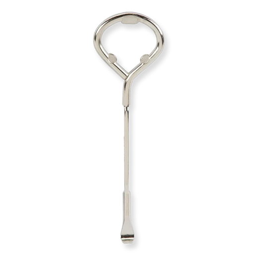 Silver paint can opener tool on a white background