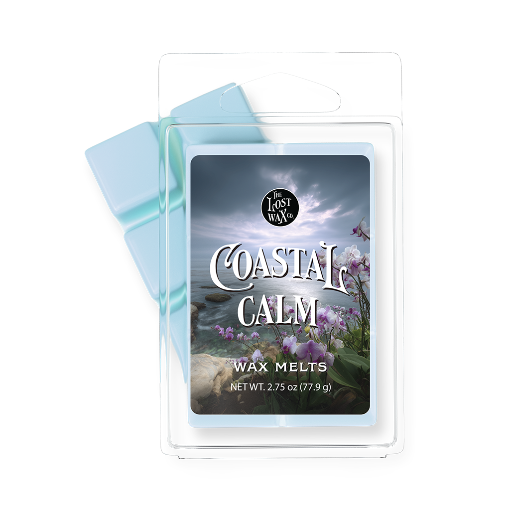 Card with 'Coastal Calm' design featuring a beach scene and flowers, with a clear plastic cover.